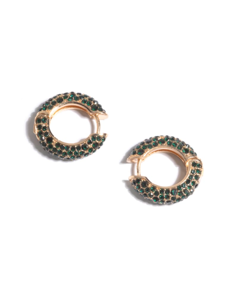 Front of a size None Lilian Crystal Huggie Earrings in EMERALD by Shiraleah. | dia_product_style_image_id:242975